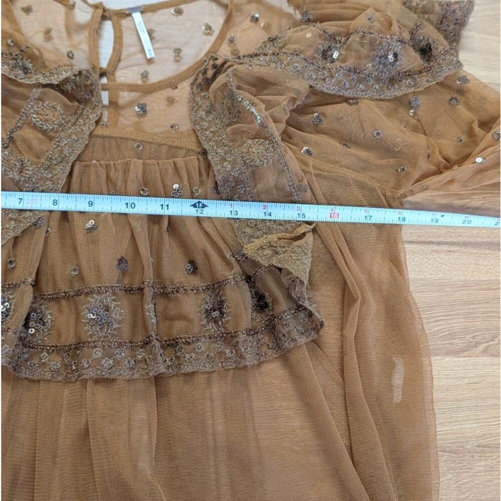 Free People Disco Ball Embellished Sequin Boho Ruffle Lace Sheer Top M - Picture 7 of 8